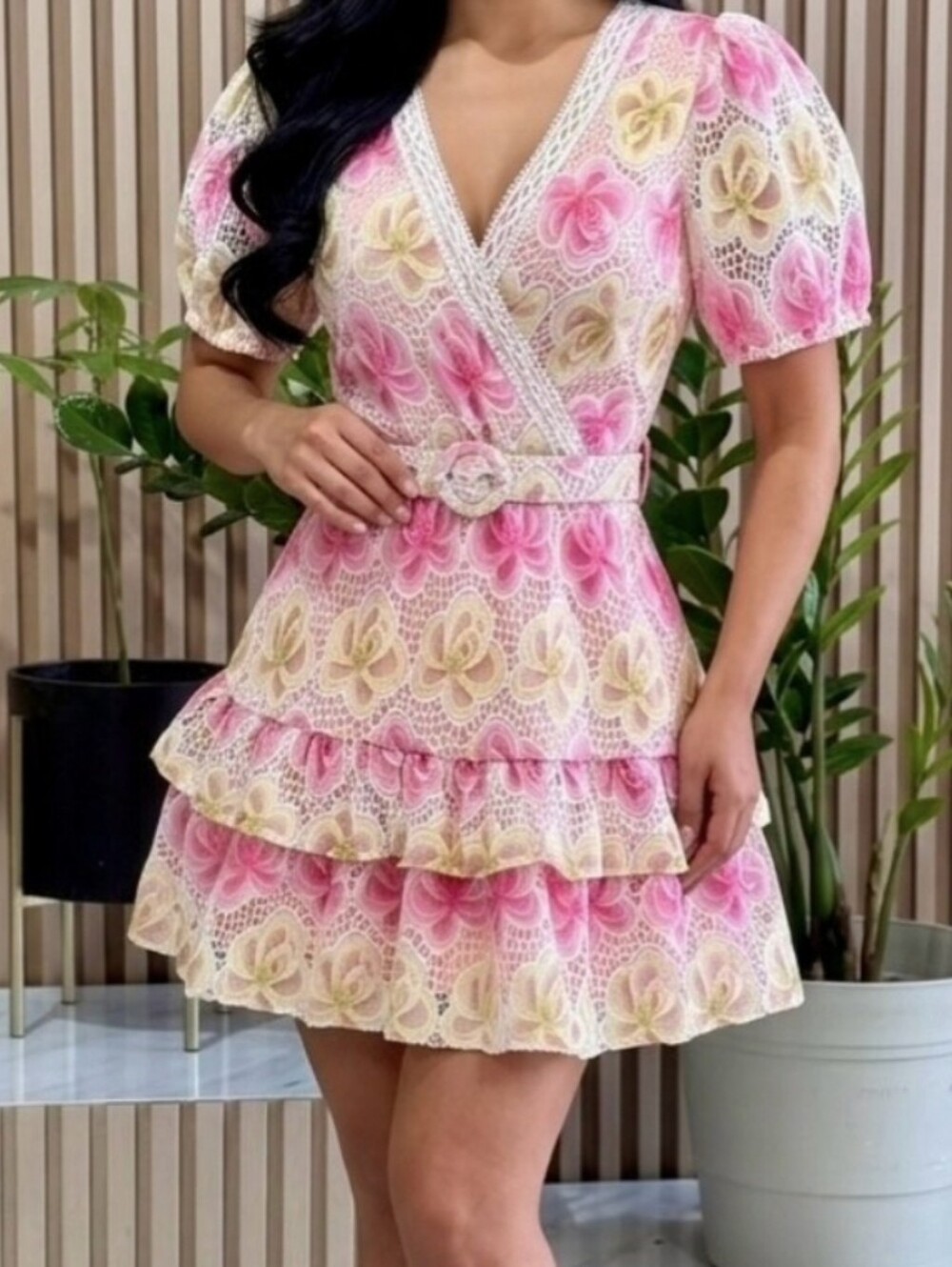 Just Me Pink and Cream Floral Lace Tiered Mini Dress